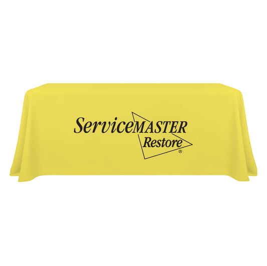 Restore 6ft Draped Table Throw - Yellow with Black Logo