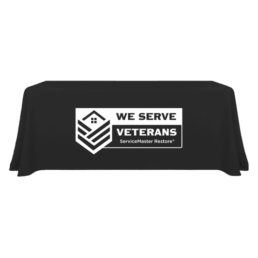 Restore 6ft Draped Table Throw - Black with "We Serve Veterans" Logo