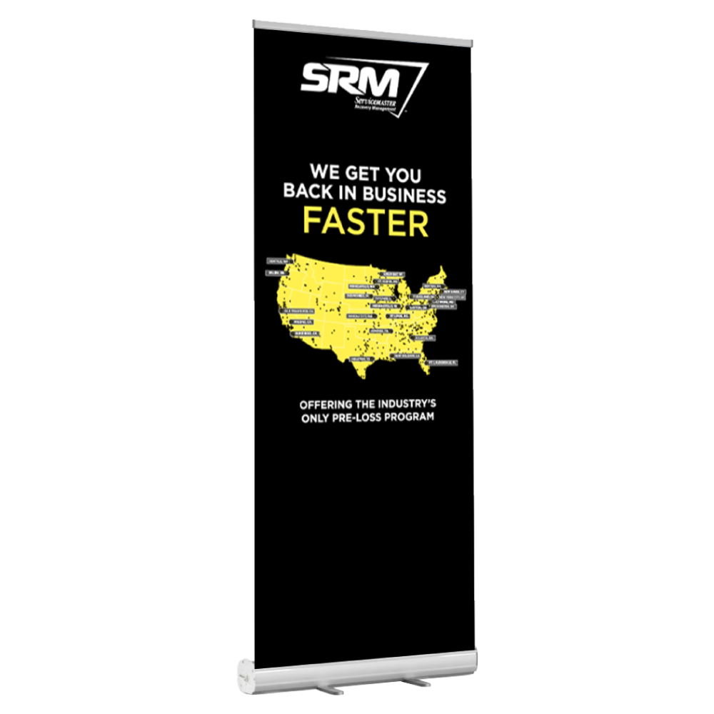 SRM Banner Stand - "We Get You Back in Business Faster"