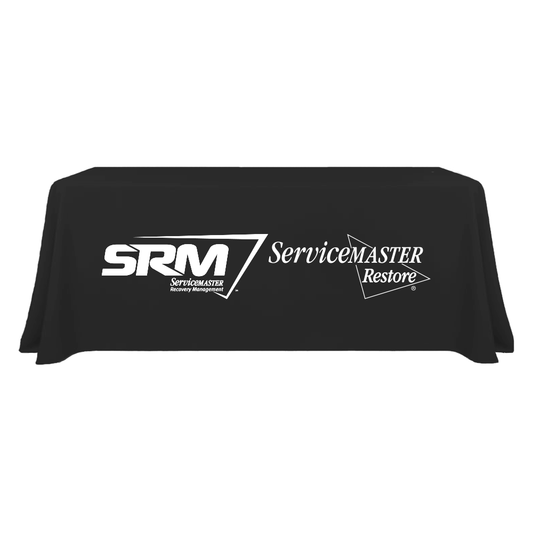 SRM/Restore 6ft Draped Table Throw - Black with White Logos